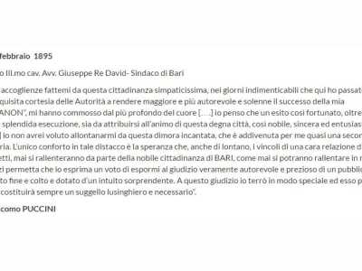 La copia della lettera (chiaramente riscritta) datata 27 febbraio 1895 e spedita dal musicista Giacomo Puccini all'allora sindaco di Bari Giuseppe Re David